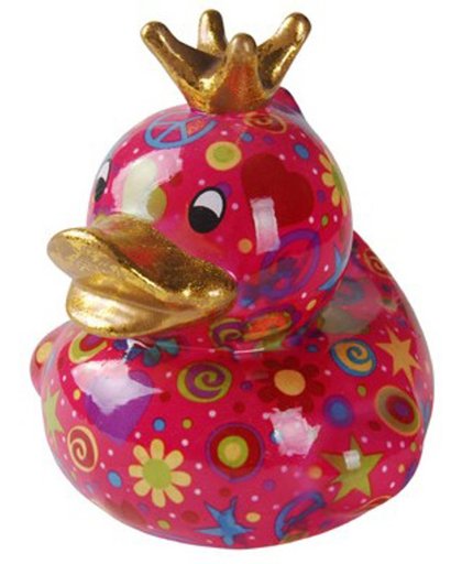 Pomme-pidou spaarpot eend "Ducky" M fuchia met sterretjes, bloemetjes en bolletjes