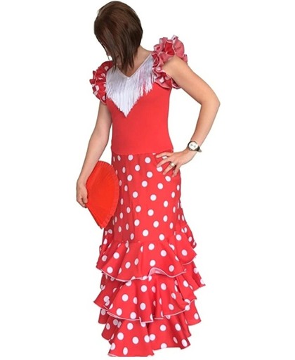 Spaanse jurk - Flamenco jurk Deluxe – Rood Wit - Maat 38/40 - Volwassenen - Verkleed jurk