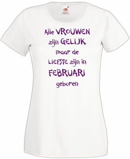 Mijncadeautje - T-shirt - wit - maat S- Alle vrouwen zijn gelijk - februari
