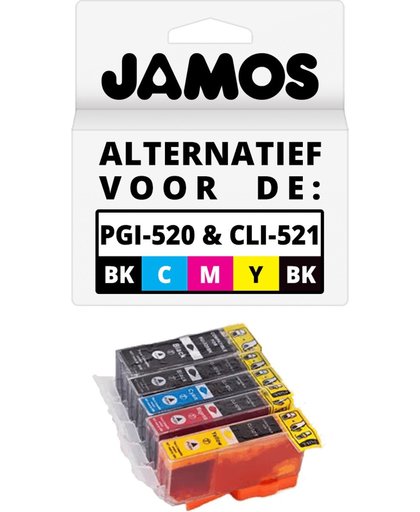 Jamos - Inktcartridges / Alternatief voor de Canon PGI-520PGBK Zwart & CLI-521C/M/Y/BK Cyaan / Magenta / Geel / Foto Zwart Voordeelset