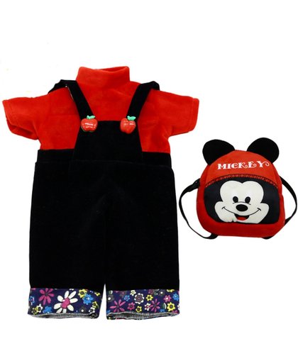 3-delige kleding set voor babypop: Tuinbroek met appeltjes, rood shirt en rugzak met Mickey Mouse - Kleertjes passen op baby born