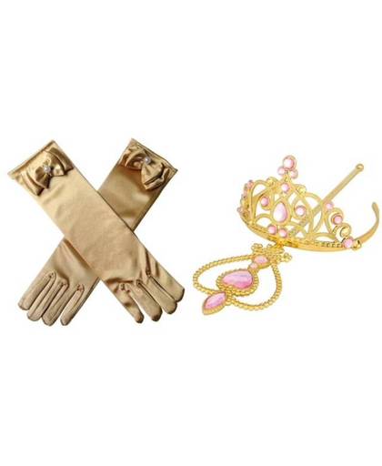 Prinsessen accessoire set - goudkleurige lange handschoenen, kroon, staf - verkleedjurk