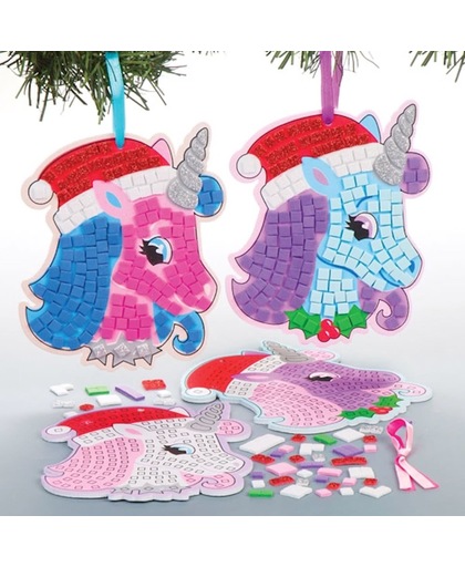 Feestelijke decoratiesets met hangend mozaïek met eenhoorn voor kinderen om zelf te maken - Creatieve kerstknutselset voor kinderen (4 stuks per verpakking)