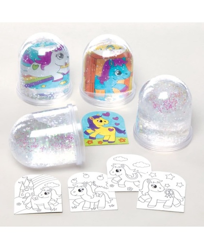 Inkleursneeuwbollen met pony die kinderen kunnen ontwerpen, kleuren en neerzetten – creatieve zomerknutselset voor kinderen (doos van 4)
