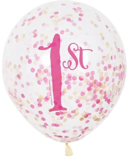 ballonnen 1 jaar / 1e verjaardag: 6 doorzichtige ballonnen met cijfer 1 + confetti