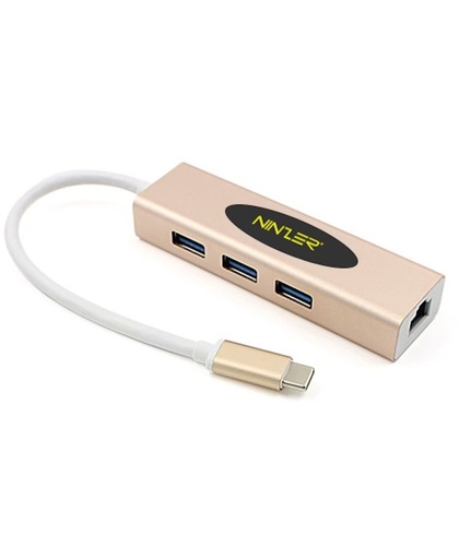 USB 3.1 Type-C naar USB HUB 3.0 + Gigabit Ethernet LAN RJ45 internet aansluiting | Goud