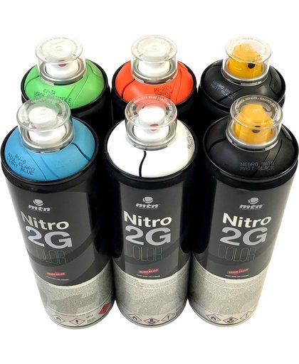 6 stuks pakket MTN 2G Nitro spuitbussen - Basis-set - 500ml spuitverf - Hoge druk en matte afwerking, extra dekkend - Spuitverf voor binnen en buiten gebruik voor vele doeleinden, zoals klussen, graffiti, hobby en kunst