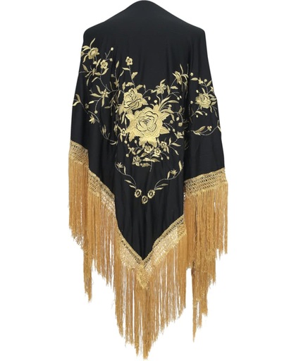 Spaanse manton - omslagdoek - zwart goud Large - met gouden franjes bij Flamenco jurk