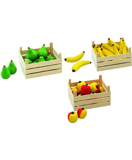 3 kistjes met speelgoed houten fruit appels, bananen, peren