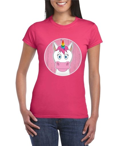 Dames t-shirt roze met vrolijke eenhoorn print - eenhoorns shirt L