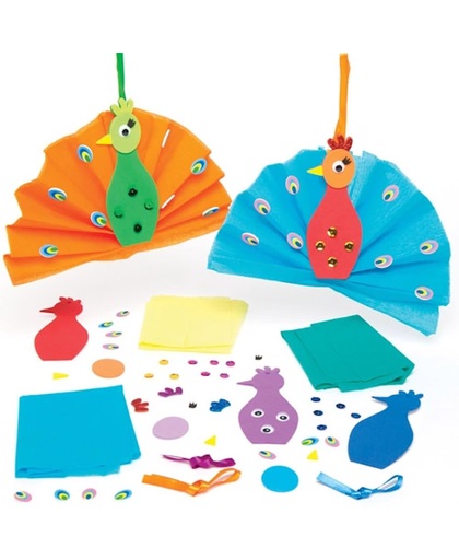 Sets waarmee kinderen hangende gevouwen pauw-decoraties kunnen ontwerpen, maken en neerzetten. Creatieve lenteknutselset voor kinderen (verpakking van 4)