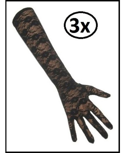 3x Paar handschoenen kant lang zwart