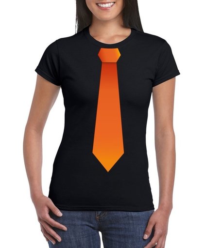 Zwart t-shirt met oranje stropdas dames - Koningsdag / oranje supporter L