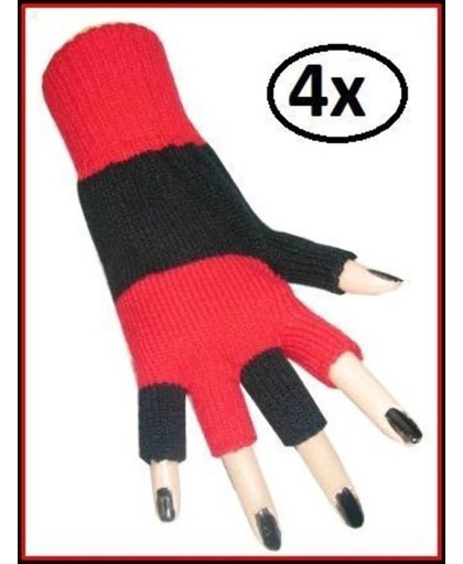 4x paar vingerloze handschoen rood/zwart