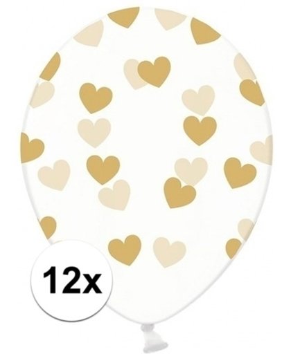 12x Transparante ballonnen met hartjes goud - Bruiloft/ Valentijn versiering