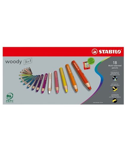 STABILO Woody 3 in 1 Kleurpotloden - 18 Stuks + puntenslijper