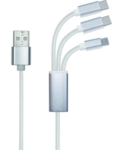 Azuri 3-in-1 USB cable with micro-USB, type C and lightning connector - grijs