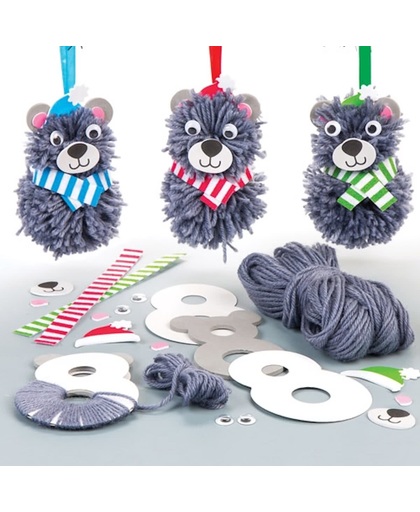 Teddybeer pompon decoratiesets. Leuke knutsel- en decoratiesets voor kerst voor jongens en meisjes (3 stuks per verpakking)