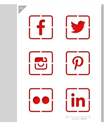 A5 Social Media Logo Sjabloon - Karton Stencil - Ieder logo is 4,3 cm breed - Facebook, Instagram, PInterest, Twitter, Linkedin & Flickr Sjabloon