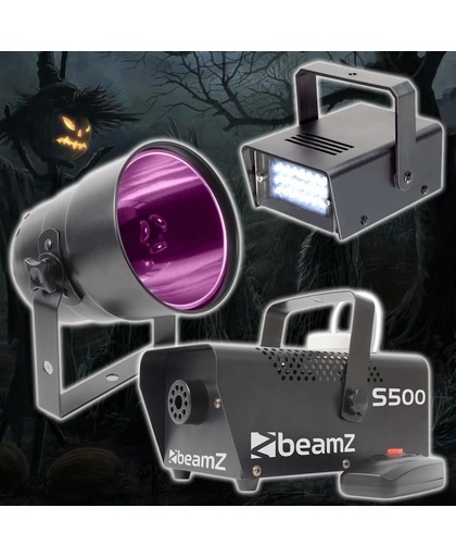 Halloween effect set met rookmachine, stroboscoop en PAR38 blacklight can