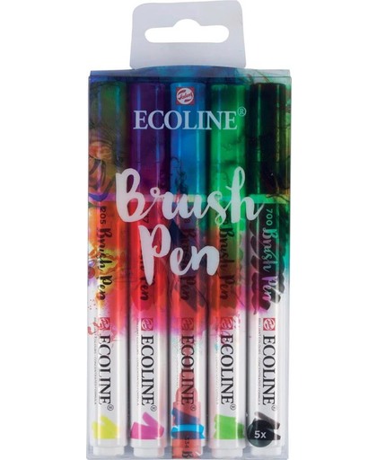 Talens Ecoline Brush Set met 5 Pennen + 2 x A4 Ecoline/aquarelblokken + 1 Brush Pen Blender