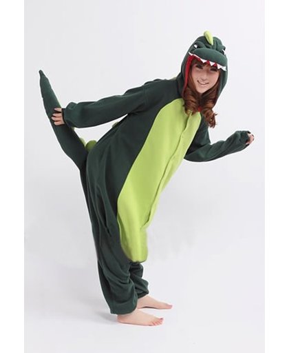 KIMU onesie groene draak pak kostuum krokodil dino - maat M-L - drakenpak jumpsuit huispak