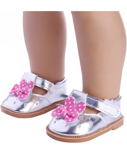 Schoentjes voor Baby Born - Zilveren schoenen met roze strikje met polkadots - Poppenschoentjes 7 cm