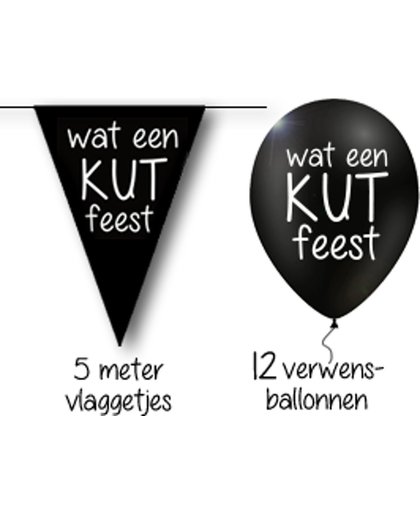 Kutfeest Pakket: Vijf meter vlaggetjes en een set met 12 verwensballonnen in cadeauverpakking: ‘Wat een kut feest’