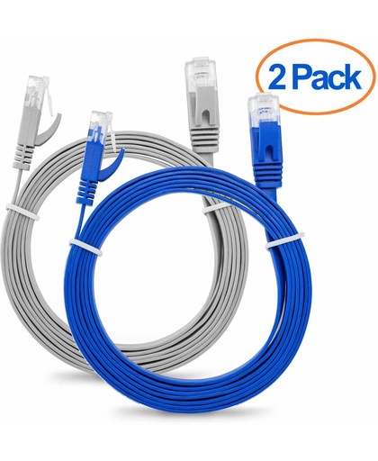 Pack RJ45 CAT6 LAN-kabels extra plat en vlak - UTP - 32AWG -  5 meter -  2 kleuren - met 15 kabelbinders