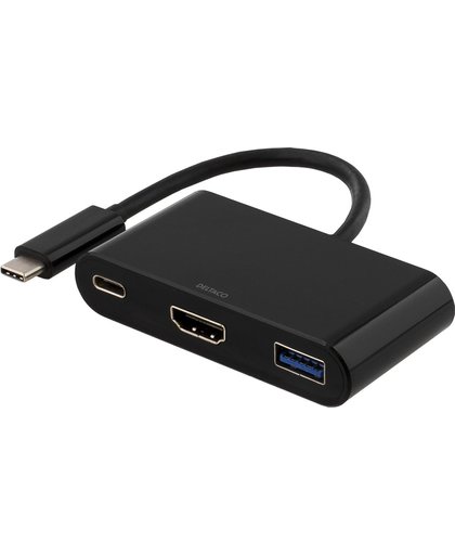 DELTACO USBC-1170 Multiport adapter USB-C naar HDMI (3840x2160 @ 30Hz), USB 3.1 en USB-C PD4 60W adapter zwart