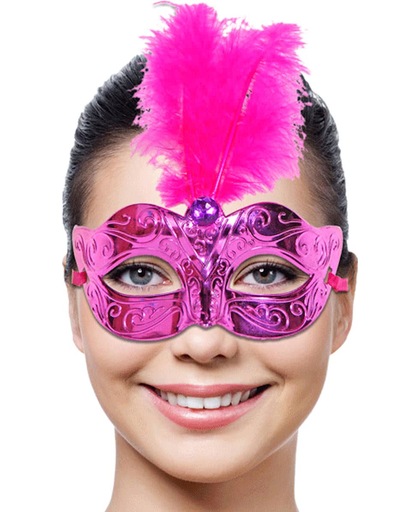 Roze Venetiaans masker met veren