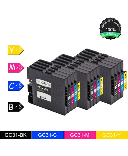 12 Pack Compatible Ricoh GC31 BK*3/C*3/M*3/Y*3 Inktcartridges voor Ricoh Aficio GXe2600, GXe3300N, GXe3350N, 12Pak. 3 zwart, 3 cyaan, 3 magenta, 3 geel