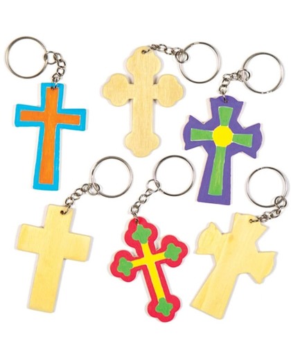 Sets waarmee kinderen houten sleutelhangers met kruis kunnen beschilderen en versieren. Creatieve christelijke paasknutselset (verpakking van 4)