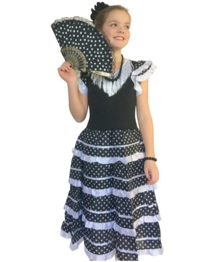 Spaanse jurk - Flamenco - Zwart/Wit - Maat 128/134 (10) - Verkleed jurk