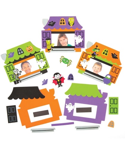 Sets met magneetfotolijstjes in de vorm van een spookhuis. Creatieve set waarmee kinderen voor Halloween een knutselwerkje kunnen maken, versieren en ophangen (5 stuks)