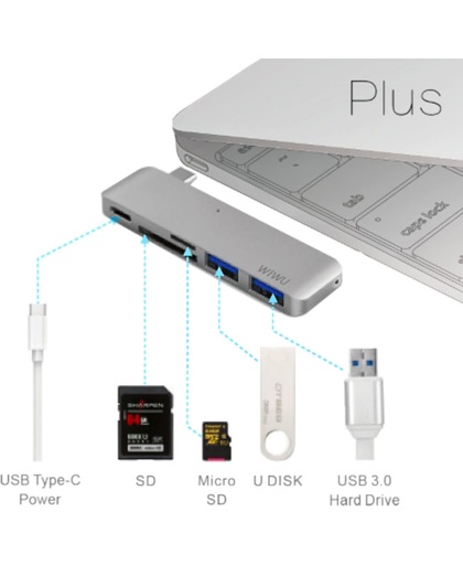 C1 Plus 5-in-1 Type C convertor ( 1x Type-C, 1x SD Card, 1x Mini SD Card, 2x USB 3.0) - Grijs
