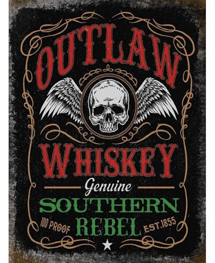 Metalen muurplaat Outlaw Whiskey 30 x 40 cm