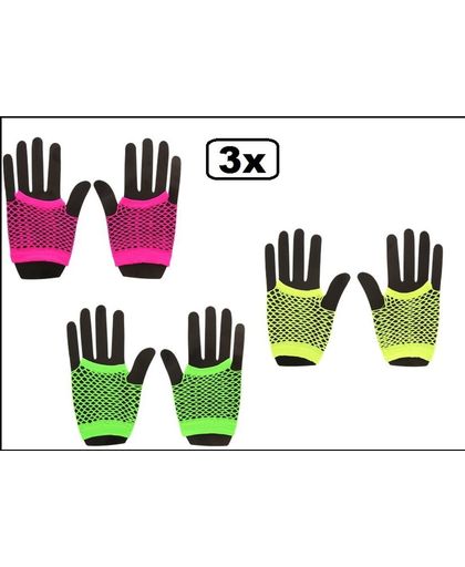 3x Paar nethandschoenen vingerloos neon geel-pink-groen