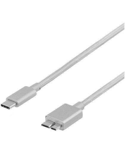 DELTACO USBC-1263, stoffen USB-C kabel, MicroUSB type B USB 3.1 Gen1 naar USB Type C zilver, 1m