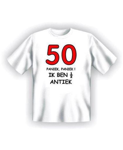 Benza T-Shirt - 50 PANIEK PANIEK ik ben 1/2 antiek - (Leuk, Grappig, Mooi, Funny, Leeftijd, Verjaardag, Abraham, Sarah) - Maat XXXL