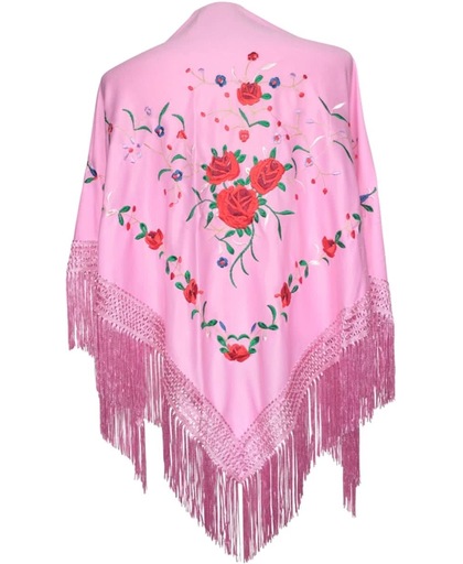 Spaanse manton - omslagdoek - roze met rozen bij verkleedkleding of Flamenco jurk