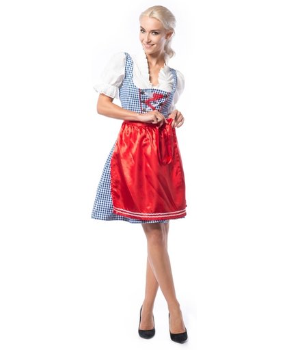 Tiroler kostuum voor dames – Dirndl jurkje Birgit Blauw-wit geruit met een rood schortje maat 38