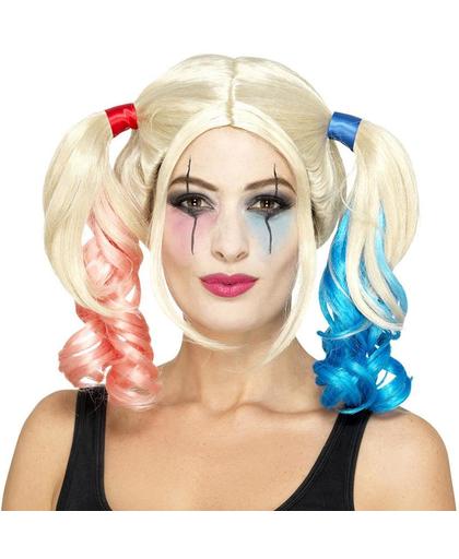 Harley Quinn pruik - Harlekijn pruik met blond haar en blauwe en roze staarten