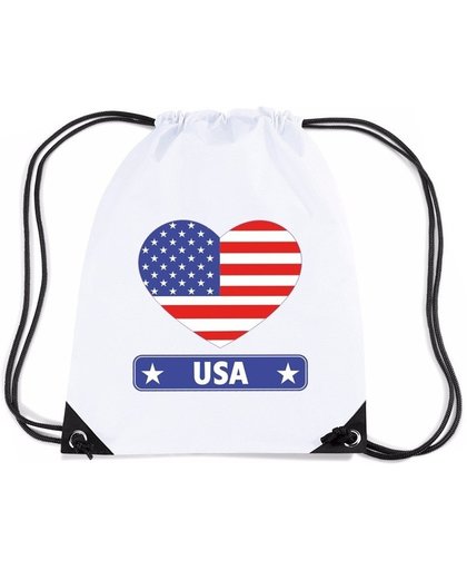Amerika USA nylon rijgkoord rugzak/ sporttas wit met Amerikaanse vlag in hart