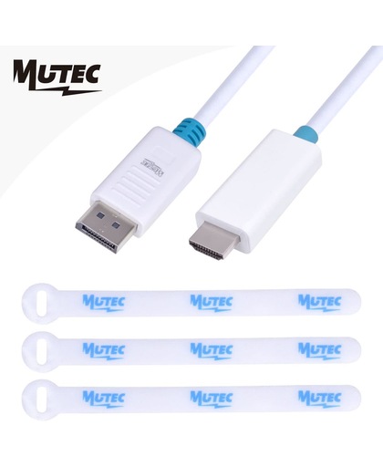 MutecPower 3 meter kabel, DisplayPort (DP) naar HDMI kabel, mannelijk naar mannelijk, Ultra HD 4k resolutie, WIT met 3 kopplingen