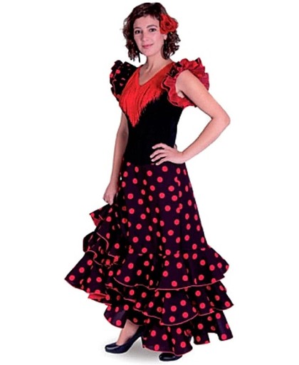 Spaanse jurk - Flamenco jurk Deluxe – Zwart Rood - Maat 42 - Volwassenen - Verkleed jurk