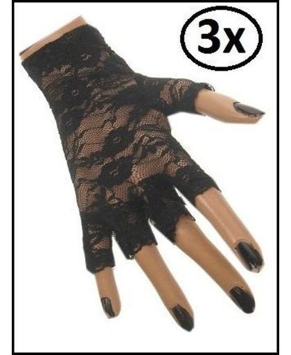3x Handschoenen kort kant vingerloos zwart