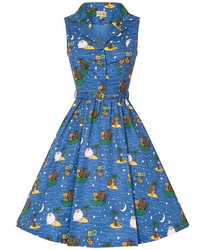 Swing Matilda jurk met uilen en katten print blauw - Vintage, 50's, Rockabilly - XS/NL34 - Lindy Bop