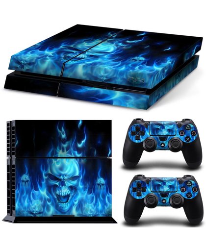 Blauwe Vlammen - PlayStation 4 sticker  PS4 blue skull console skin bundel