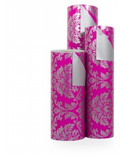Cadeaupapier Roze Barok op Zilver - Rol 30cm - 200m - 70gr | Winkelrol / Apparaatrol / Toonbankrol / Geschenkpapier / Kadopapier / Inpakpapier